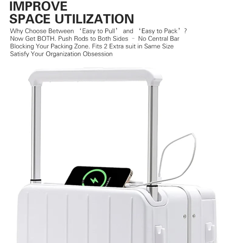 LightGo Business Carry On Luggage 1/9 Split Front Open Dual USB Type-C TSA Lock Aluminum Frame Stylish Suitcase