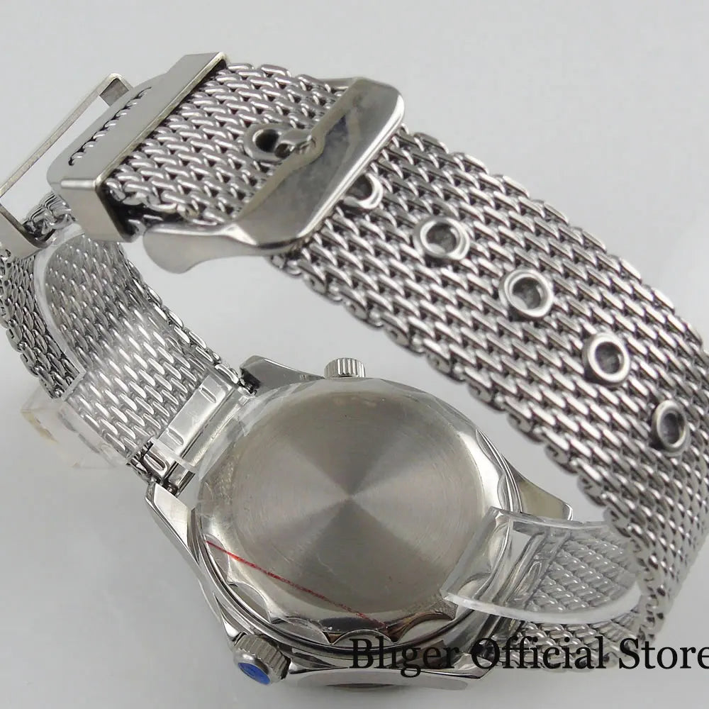 BLIGER 41mm Mechanical Men Watch Sapphire Glass Date 24 Jewel  Stainless Steel Mesh Band Rotating Bezel