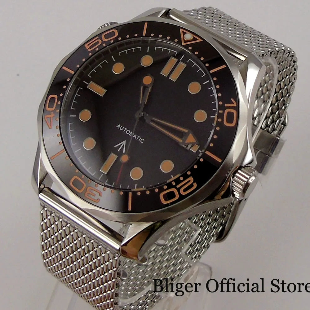 BLIGER 41mm Mechanical Men Watch Sapphire Glass Date 24 Jewel  Stainless Steel Mesh Band Rotating Bezel