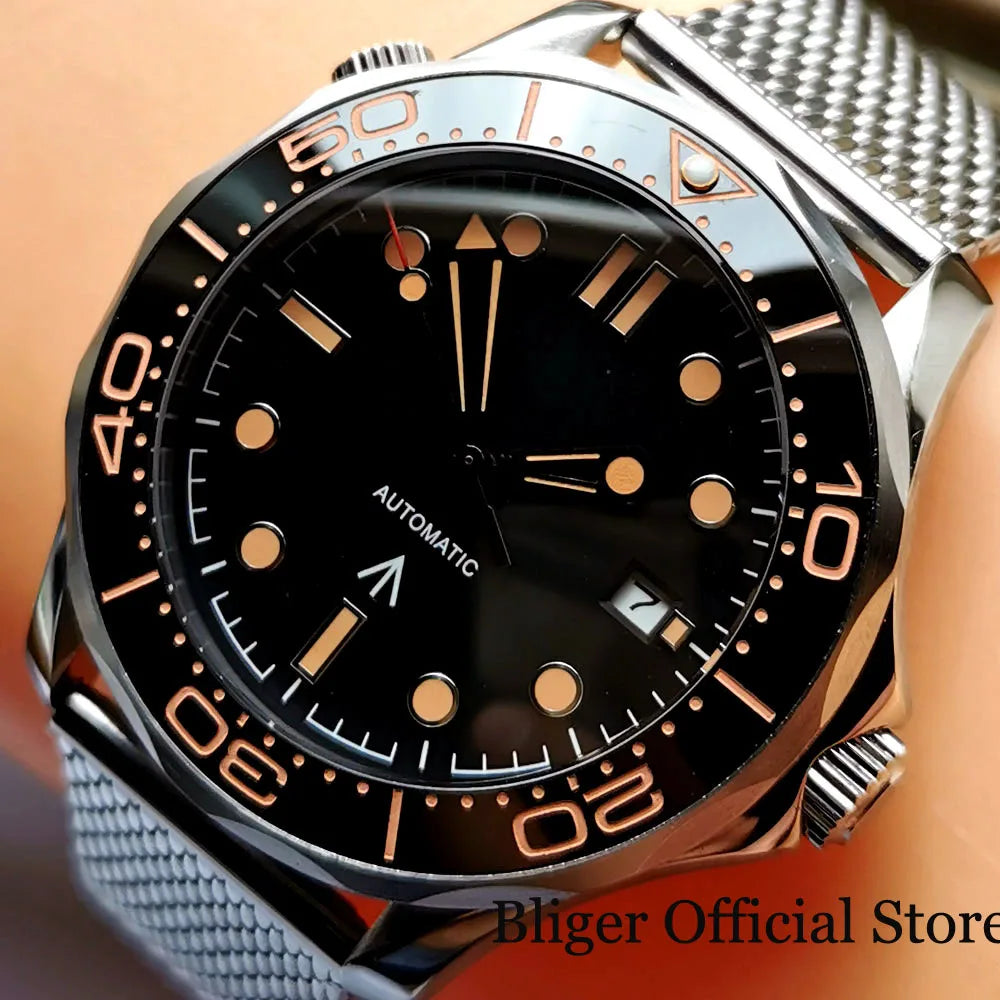 BLIGER 41mm Mechanical Men Watch Sapphire Glass Date 24 Jewel  Stainless Steel Mesh Band Rotating Bezel