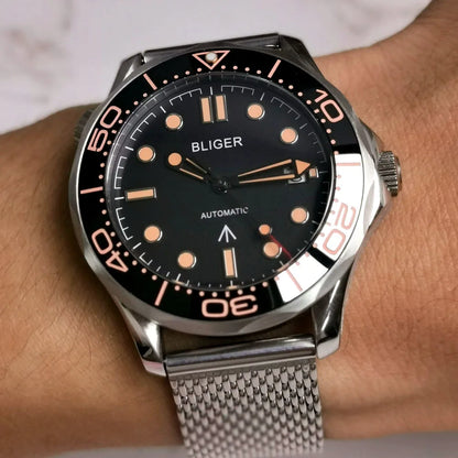 BLIGER 41mm Mechanical Men Watch Sapphire Glass Date 24 Jewel  Stainless Steel Mesh Band Rotating Bezel