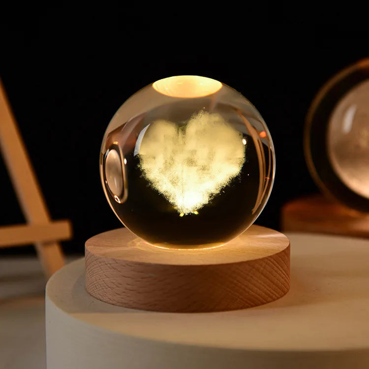 6cm Crystal Ball 3D Glass Ornaments Solar System Luminous Wooden Base Home Decoration Christmas Gift Night Light Crystal Light