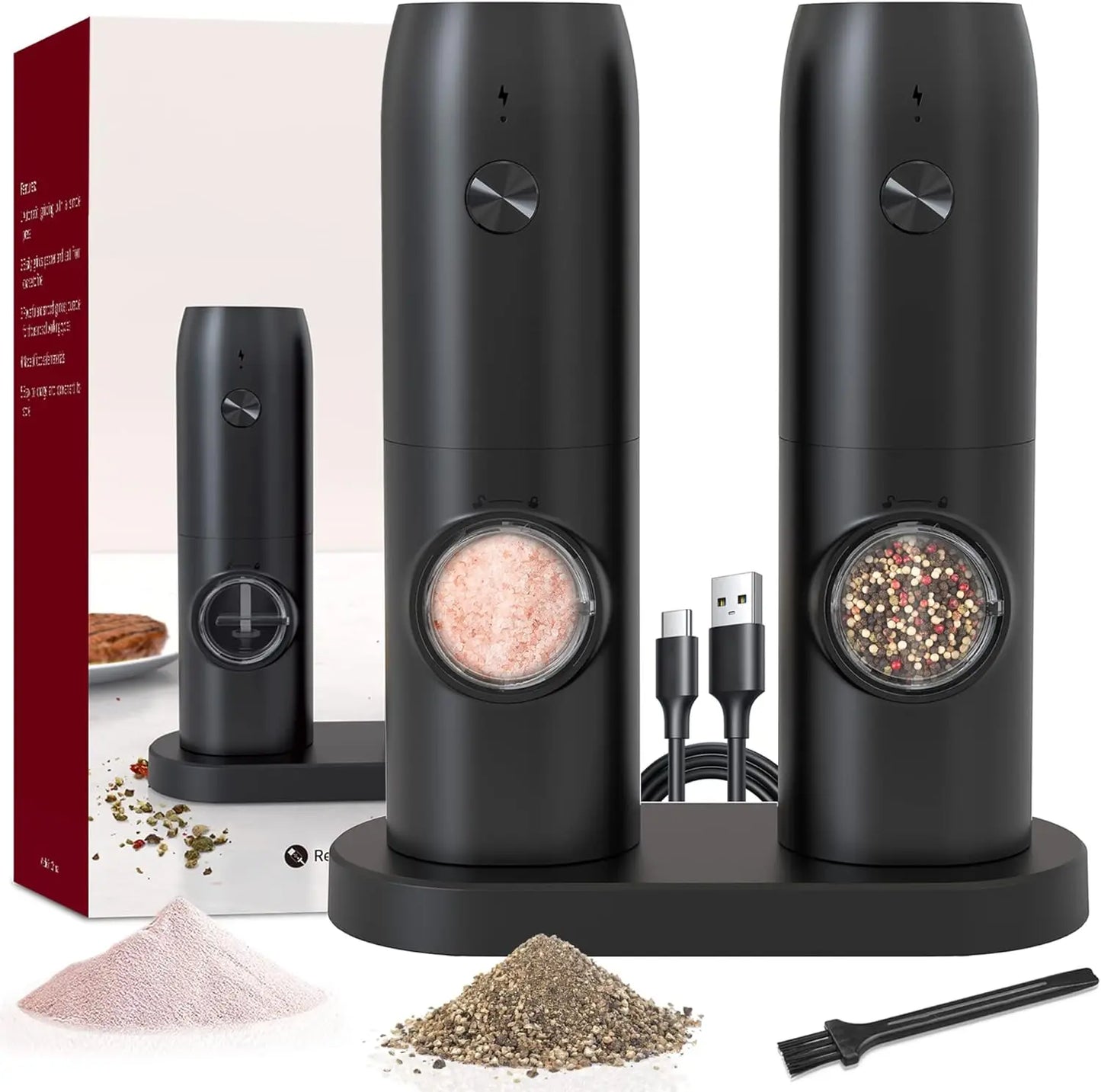 Electric Salt and Pepper Grinder Set of 2, Automatic Pepper Mill,USB Rechargeable, Adjustable Coarseness, One-handed Operation