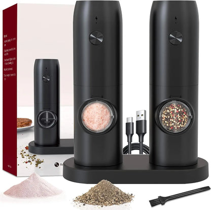Electric Salt and Pepper Grinder Set of 2, Automatic Pepper Mill,USB Rechargeable, Adjustable Coarseness, One-handed Operation
