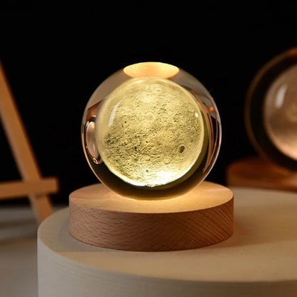 6cm Crystal Ball 3D Glass Ornaments Solar System Luminous Wooden Base Home Decoration Christmas Gift Night Light Crystal Light