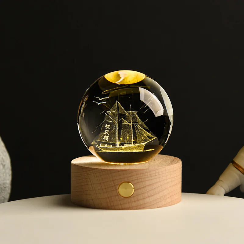 6cm Crystal Ball 3D Glass Ornaments Solar System Luminous Wooden Base Home Decoration Christmas Gift Night Light Crystal Light