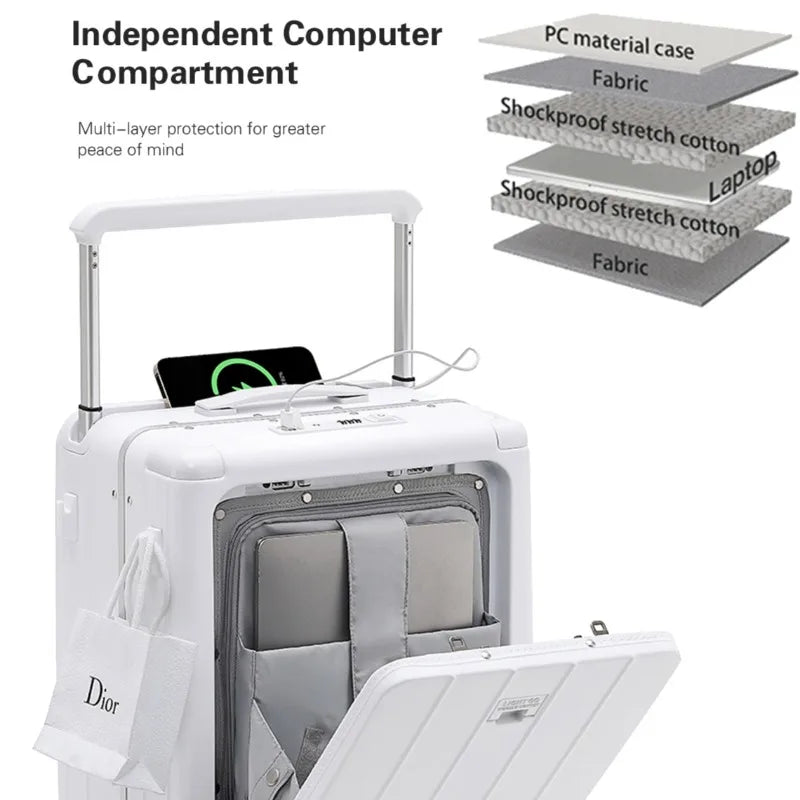 LightGo Business Carry On Luggage 1/9 Split Front Open Dual USB Type-C TSA Lock Aluminum Frame Stylish Suitcase