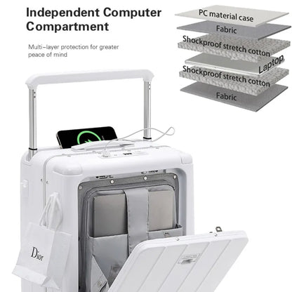 LightGo Business Carry On Luggage 1/9 Split Front Open Dual USB Type-C TSA Lock Aluminum Frame Stylish Suitcase