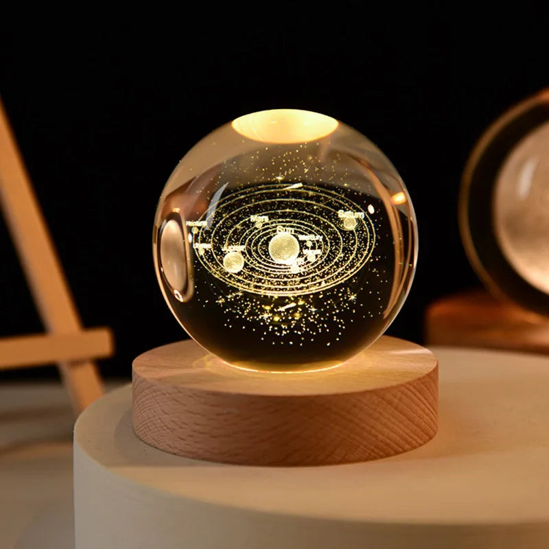 6cm Crystal Ball 3D Glass Ornaments Solar System Luminous Wooden Base Home Decoration Christmas Gift Night Light Crystal Light