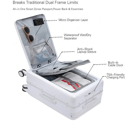 LightGo Business Carry On Luggage 1/9 Split Front Open Dual USB Type-C TSA Lock Aluminum Frame Stylish Suitcase