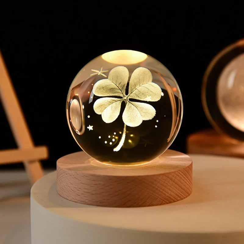 6cm Crystal Ball 3D Glass Ornaments Solar System Luminous Wooden Base Home Decoration Christmas Gift Night Light Crystal Light