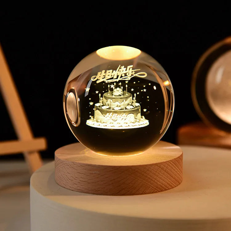 6cm Crystal Ball 3D Glass Ornaments Solar System Luminous Wooden Base Home Decoration Christmas Gift Night Light Crystal Light