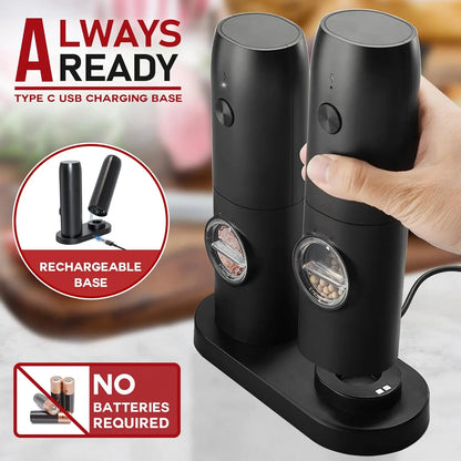 Electric Salt and Pepper Grinder Set of 2, Automatic Pepper Mill,USB Rechargeable, Adjustable Coarseness, One-handed Operation