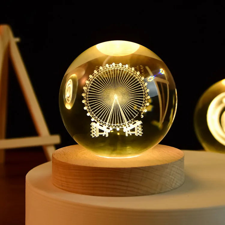 6cm Crystal Ball 3D Glass Ornaments Solar System Luminous Wooden Base Home Decoration Christmas Gift Night Light Crystal Light