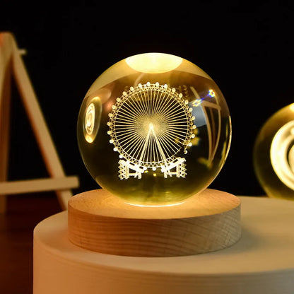 6cm Crystal Ball 3D Glass Ornaments Solar System Luminous Wooden Base Home Decoration Christmas Gift Night Light Crystal Light