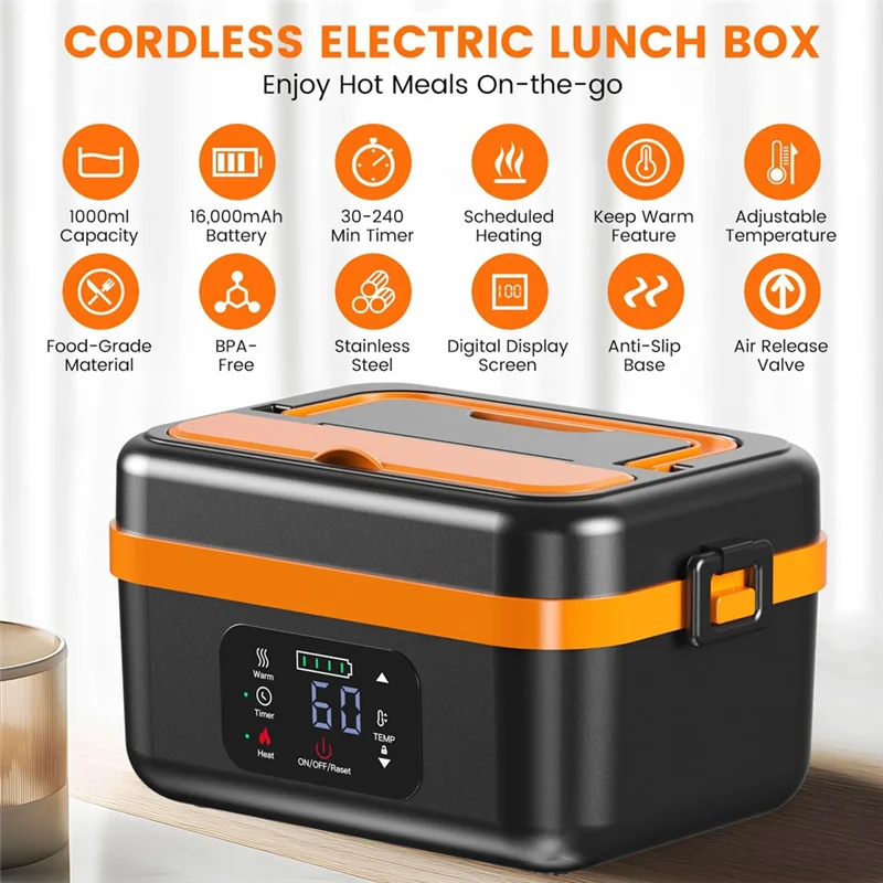 Self-Heating Lunch Box, Rechargeable, for Work/Travel/Car/Office