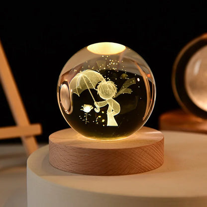 6cm Crystal Ball 3D Glass Ornaments Solar System Luminous Wooden Base Home Decoration Christmas Gift Night Light Crystal Light