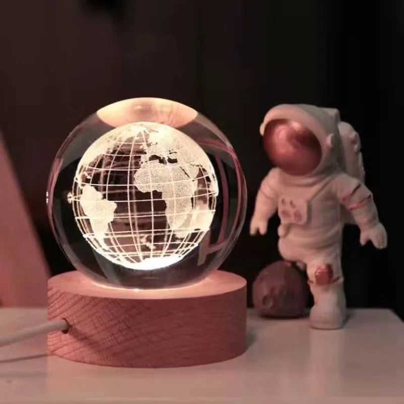 6cm Crystal Ball 3D Glass Ornaments Solar System Luminous Wooden Base Home Decoration Christmas Gift Night Light Crystal Light