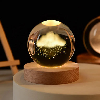6cm Crystal Ball 3D Glass Ornaments Solar System Luminous Wooden Base Home Decoration Christmas Gift Night Light Crystal Light