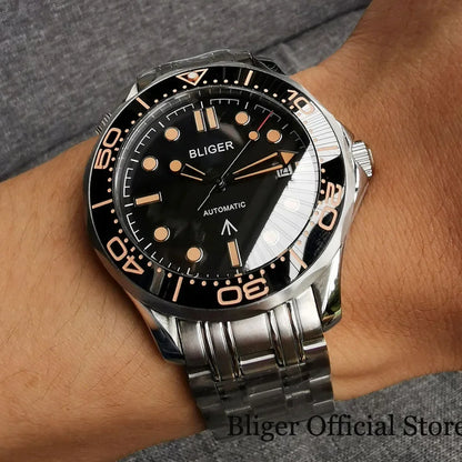 BLIGER 41mm Mechanical Men Watch Sapphire Glass Date 24 Jewel  Stainless Steel Mesh Band Rotating Bezel