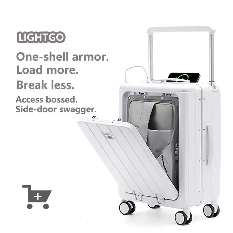 LightGo Business Carry On Luggage 1/9 Split Front Open Dual USB Type-C TSA Lock Aluminum Frame Stylish Suitcase