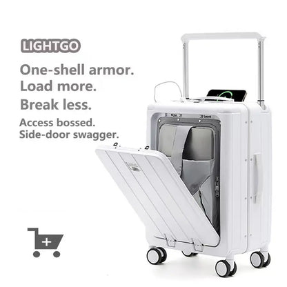 LightGo Business Carry On Luggage 1/9 Split Front Open Dual USB Type-C TSA Lock Aluminum Frame Stylish Suitcase