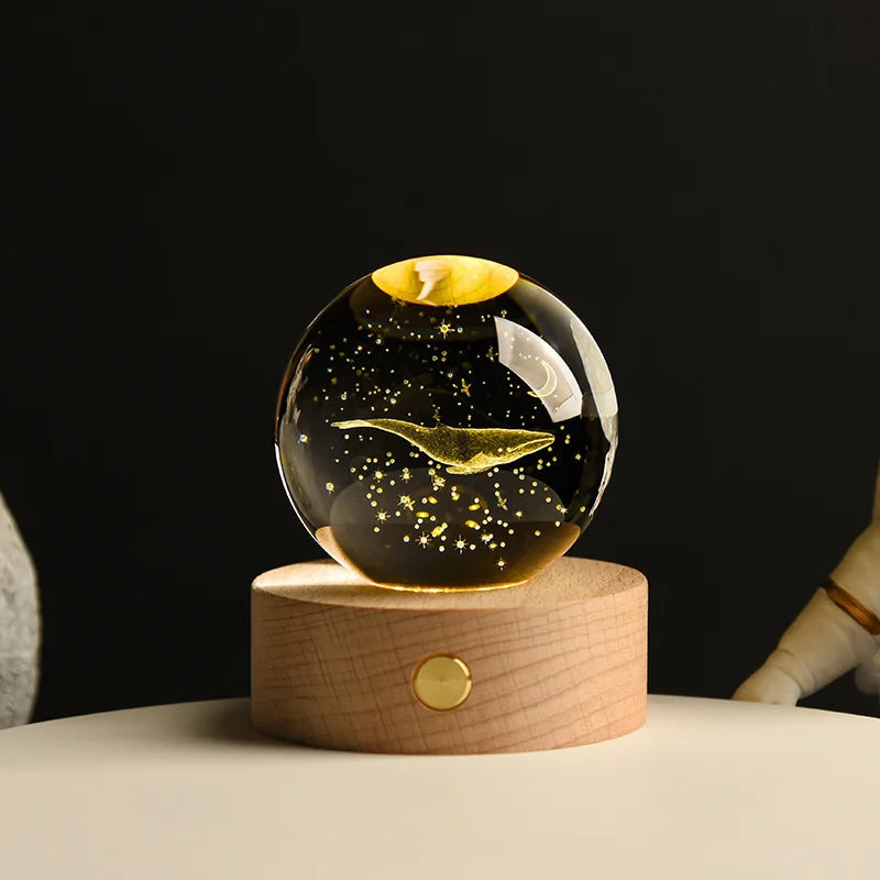 6cm Crystal Ball 3D Glass Ornaments Solar System Luminous Wooden Base Home Decoration Christmas Gift Night Light Crystal Light