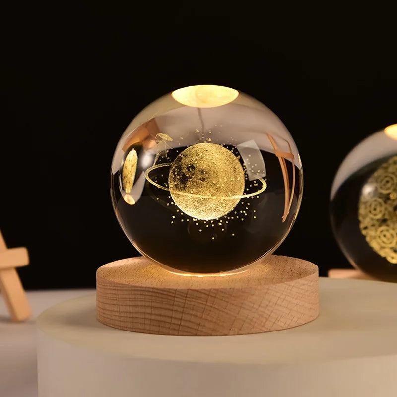 6cm Crystal Ball 3D Glass Ornaments Solar System Luminous Wooden Base Home Decoration Christmas Gift Night Light Crystal Light