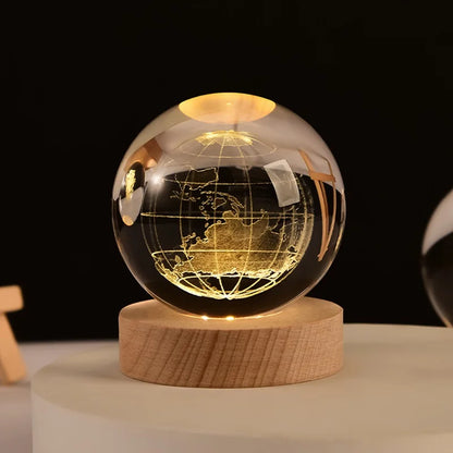 6cm Crystal Ball 3D Glass Ornaments Solar System Luminous Wooden Base Home Decoration Christmas Gift Night Light Crystal Light