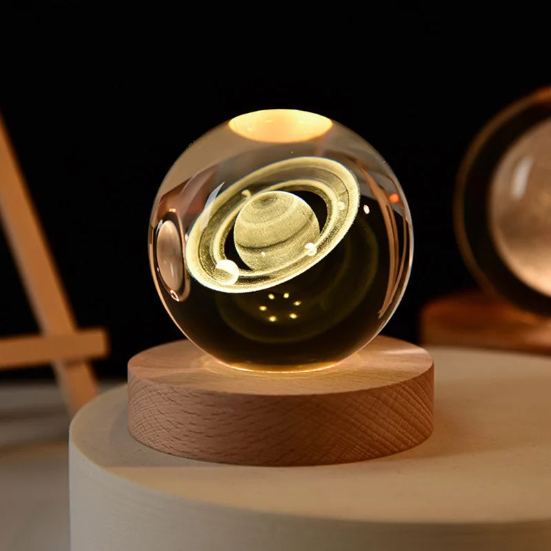 6cm Crystal Ball 3D Glass Ornaments Solar System Luminous Wooden Base Home Decoration Christmas Gift Night Light Crystal Light
