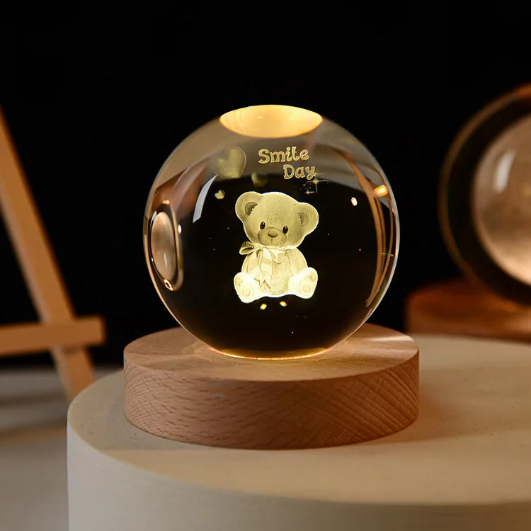 6cm Crystal Ball 3D Glass Ornaments Solar System Luminous Wooden Base Home Decoration Christmas Gift Night Light Crystal Light