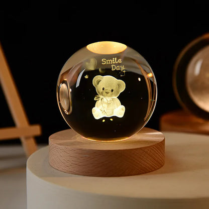 6cm Crystal Ball 3D Glass Ornaments Solar System Luminous Wooden Base Home Decoration Christmas Gift Night Light Crystal Light
