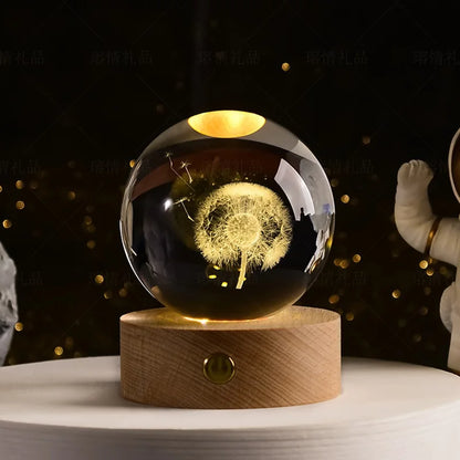 6cm Crystal Ball 3D Glass Ornaments Solar System Luminous Wooden Base Home Decoration Christmas Gift Night Light Crystal Light
