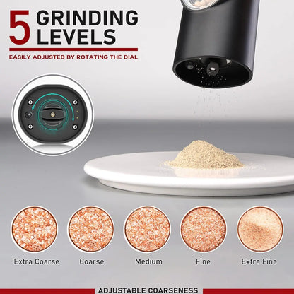 Electric Salt and Pepper Grinder Set of 2, Automatic Pepper Mill,USB Rechargeable, Adjustable Coarseness, One-handed Operation