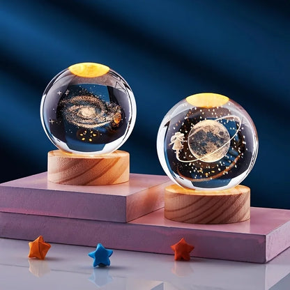 6cm Crystal Ball 3D Glass Ornaments Solar System Luminous Wooden Base Home Decoration Christmas Gift Night Light Crystal Light