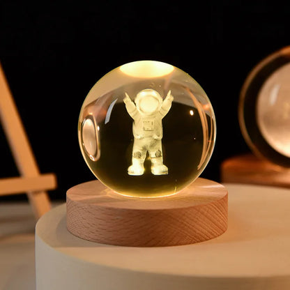 6cm Crystal Ball 3D Glass Ornaments Solar System Luminous Wooden Base Home Decoration Christmas Gift Night Light Crystal Light