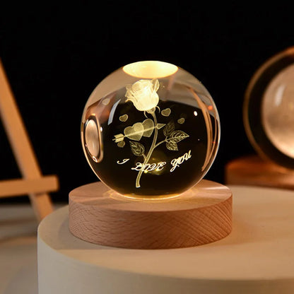 6cm Crystal Ball 3D Glass Ornaments Solar System Luminous Wooden Base Home Decoration Christmas Gift Night Light Crystal Light