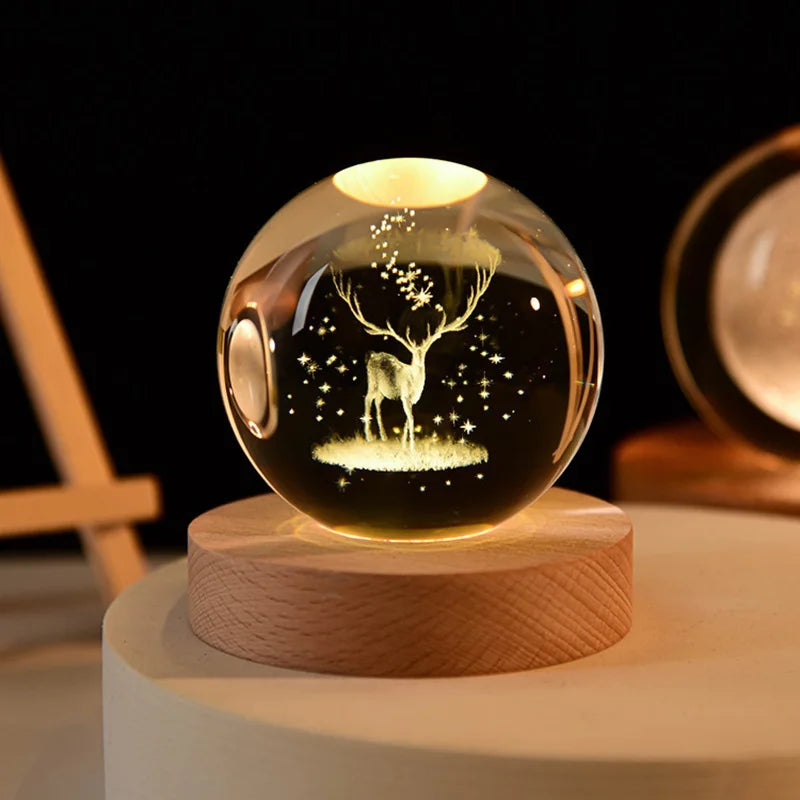 6cm Crystal Ball 3D Glass Ornaments Solar System Luminous Wooden Base Home Decoration Christmas Gift Night Light Crystal Light