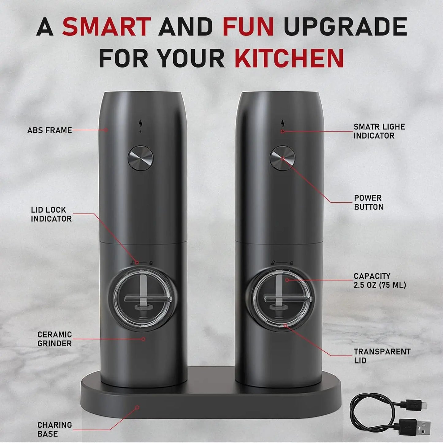 Electric Salt and Pepper Grinder Set of 2, Automatic Pepper Mill,USB Rechargeable, Adjustable Coarseness, One-handed Operation